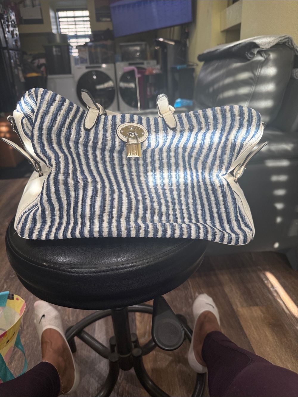London Fog Blue and White Striped Shoulder Tote